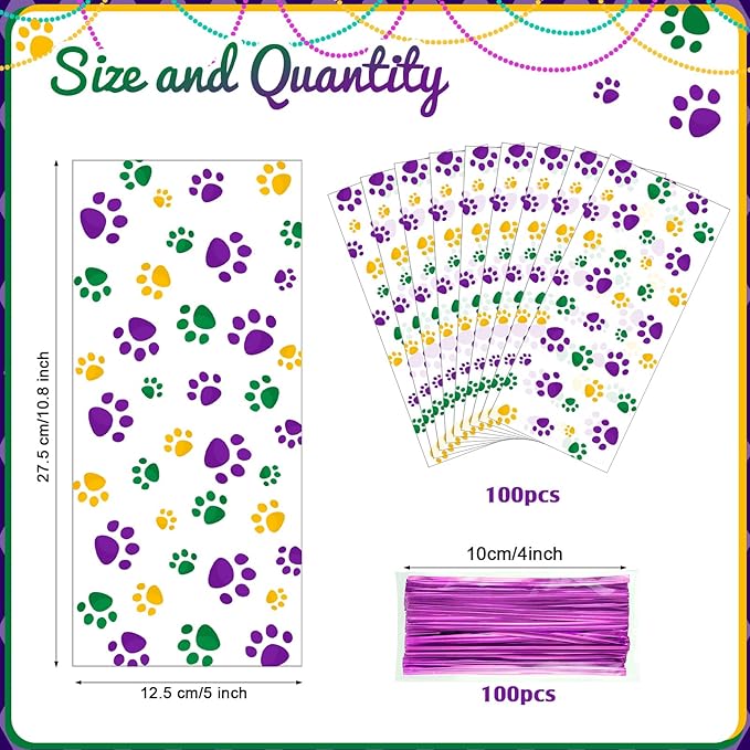 Blulu 100 Pieces Dog Treat Bags Puppy Party Favor Pet Paw Cone Cellophane Bags Candy Heat SealableDog Paw Gift with 100 Pieces Silver Twist Ties for Pet Cat Treat Party Favor(Carnival Colors)