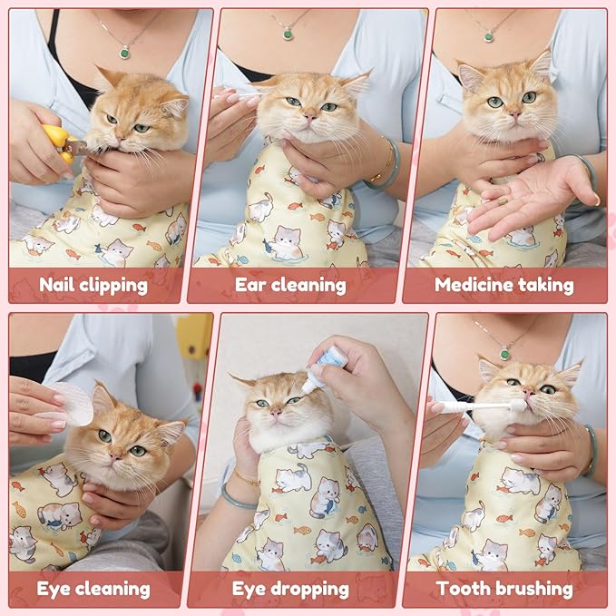 33.5" Cat Grooming Wrap,cat wrap for Cutting Nails,Self-Adhesive cat Swaddle wrap cat Restraint cat wrap Blanket for Medicine, Nail Clipping, Teeth Brushing,Pink Kitten(Within 22lbs)