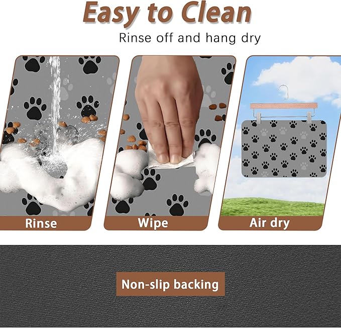 Cat Paw Prints Dog Food Mat for Floors,Gray Black Absorbent Pet Food and Water Bowl Mats,Non-Slip Pet Feeding Mat,Pet Supplies 16" x 24"