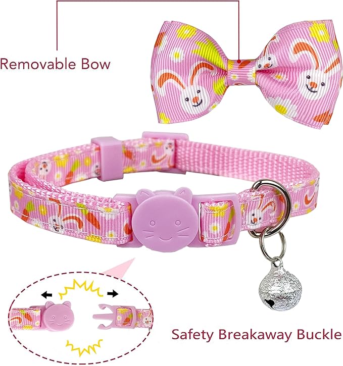 Pohshido Easter Cat Collar with Bow Tie, Holiday 2 Pack Kitty Kitten Cute Bunny Carrot Collar for Girls and Boys (Hoppy Hour/Pink)