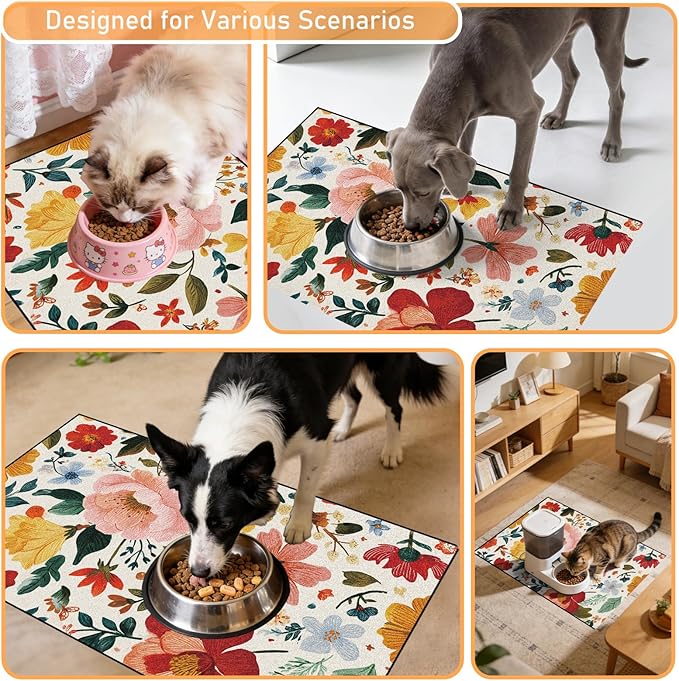 Pet Dog Cat Food Mat - Hamdwerk Absorbent Dog Bowl Mats for Food and Water, Anti Slip Cat Bowl Feeding Placemat for Floors, Quick Dry Diatomite Pet Dish Matts Supplies, Floral Style, 12 * 20in