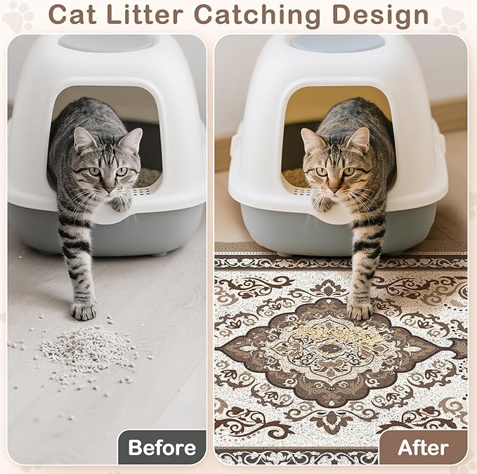 Unicorn Catcher Cat Litter Mat 24" x 15" Non-Slip Litter Box Mat Washable Litter Catcher Mat for Litter Box Indoor Food Mat Supplies Essentials, Brown