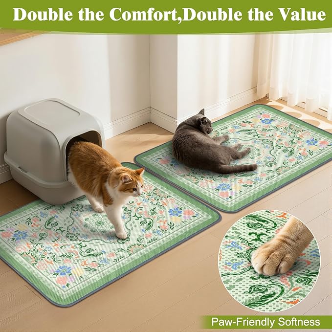 Unicorn Catcher 33X22in 2packCat Litter Mat Machine Washable Soft 3D Air Mesh Litter Box Rug Non-Slip Backing Quick Dry Scatter Control for Paws,Bean Green