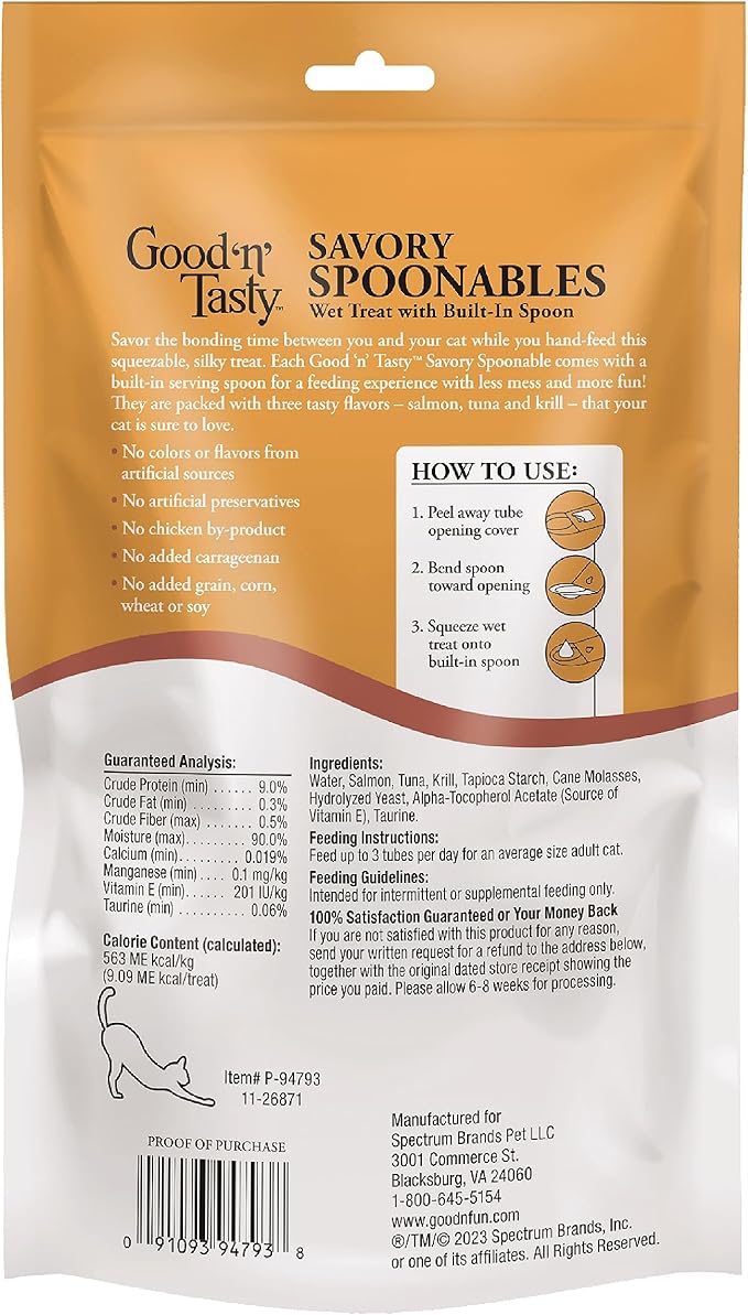 Good 'N' Tasty Savory Spoonables with Real Salmon, Tuna & Krill, 10 Count Tube, Triple Flavor Squeezable Lickable Wet Treats for Cats with Built-in Spoon for Less Mess (Pack of 3)