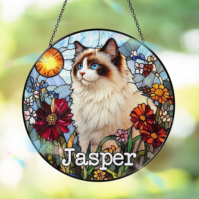 Custom Cat Dog Portrait Art Suncatcher Stained Glass Window Hanging Remembrance Gift Indoor Decor Dog Bereavement Keepsake Loss of Pet Sympathy with Name Date Portrait