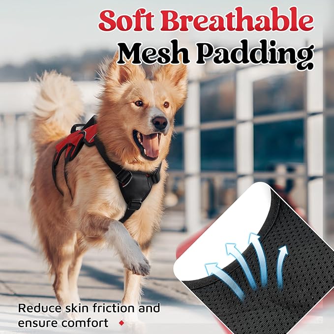 rabbitgoo Escape Proof Dog Harness, Soft Padded Full Body Pet Harness, Reflective Adjustable No Pull Vest with Lift Handle and Leash Clip for Large Dogs Walking Hiking Training, M, Red