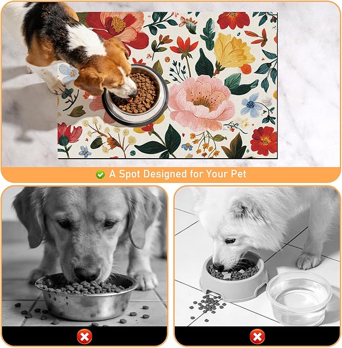 Pet Dog Cat Food Mat - Hamdwerk Absorbent Dog Bowl Mats for Food and Water, Anti Slip Cat Bowl Feeding Placemat for Floors, Quick Dry Diatomite Pet Dish Matts Supplies, Floral Style, 16 * 24in