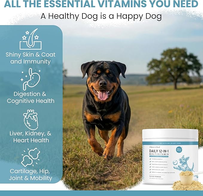 12-in-1 Multivitamin Powder for Dogs - 5.4 oz of Puppy and Senior Dog Vitamins and Supplements - Advanced Formula with Glucosamine, Omega 3,6,9, Vitamins, Probiotics, and More - Made in the USA