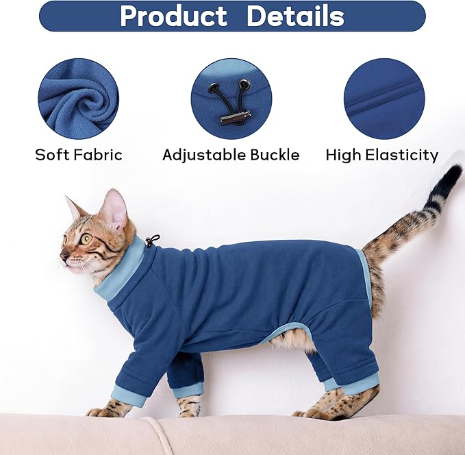 PUMYPOREITY Cat Recovery Suit, Stops Wound Licking After Surgery, Sticky Hair Shirt with Sticky Fabric, Cat Pajamas Prevents Over-Grooming, Blue, XS