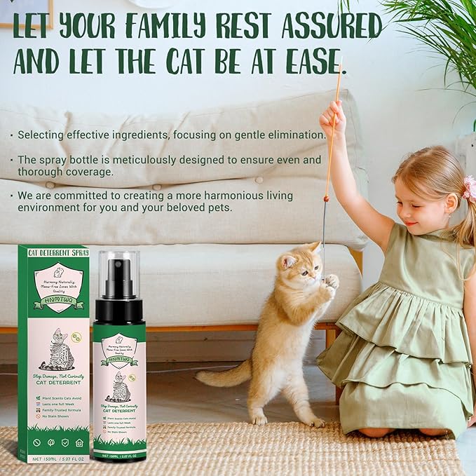 Cat Deterrent Spray (150ml/5.28oz), Natural Safe Cat Repellent Indoor and Outdoor, Protect Your Sofa, Carpet, Protect Your Sofa, Carpet, and Curtains from Your Beloved Cat's Accidents.