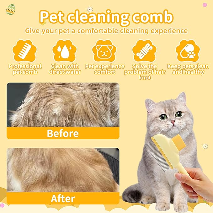 Flea Comb for Cat Dog Comb Pet Hair Removal Tool Pet Comb Cat Brush with Release Button Self-Cleaning with Long & Short Stainless Steel Metal Teeth for Shedding 2 Pcs(Yellow & Green)