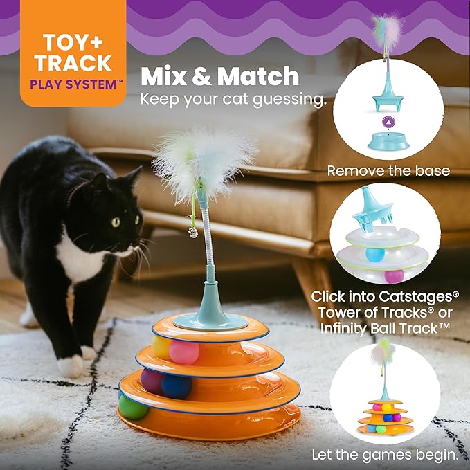 Catstages 2-in-1 Spring Teaser Cat Toy – Bouncy Interactive Cat Ball Track Add-On with Feathers & Bells, Blue