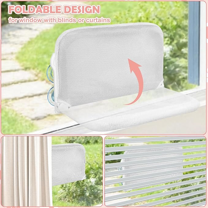 2 Pack Cat Window Perch,Cat Window Hammock Cordless Foldable Window Bed with 4 Large Strong Suction Cup,Reversible Cushion Cover,Metal Frame Easy to Adjust Window Seat Holds up to 40lbs(White，M