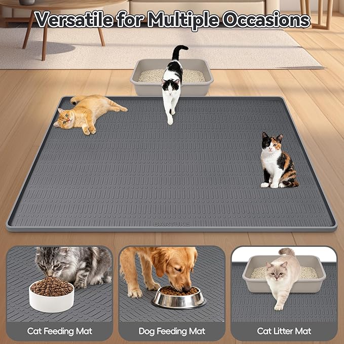 Kalolary Large Cat Litter Box Mat, 47" x 35" Silicone Litter Trapping Mat for Cats, Trapping Mat for Scatter Control with Raised Edge Waterproof Silicone Pad for Floor Easy to Clean (Dark Gray)