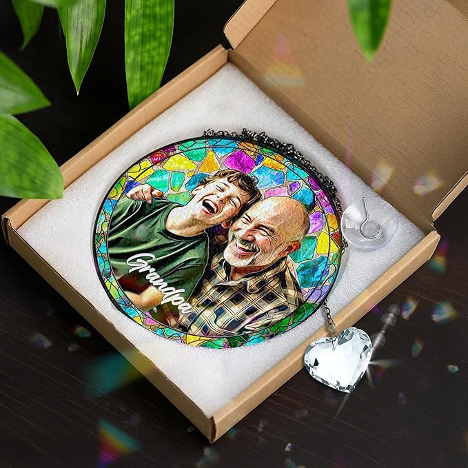 Personalized Grandpa Stained Glass Suncatcher, Photo Family Faux Stained Glass Window Hanging Ornament, Custom Photo Gift for Dad from Son Daughter, Birthday Gift for Grandpa, Uncle