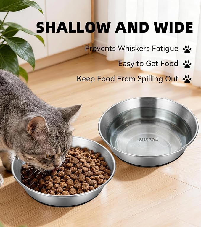 2 Pack-1.7Cup(14 fl oz) -304 Stainless Steel Cat Bowls for Food and Water, Non-Slip Silicone Bottom Dishes, Size: 6" Width and 1.26" Height, for Cat or Small Dog