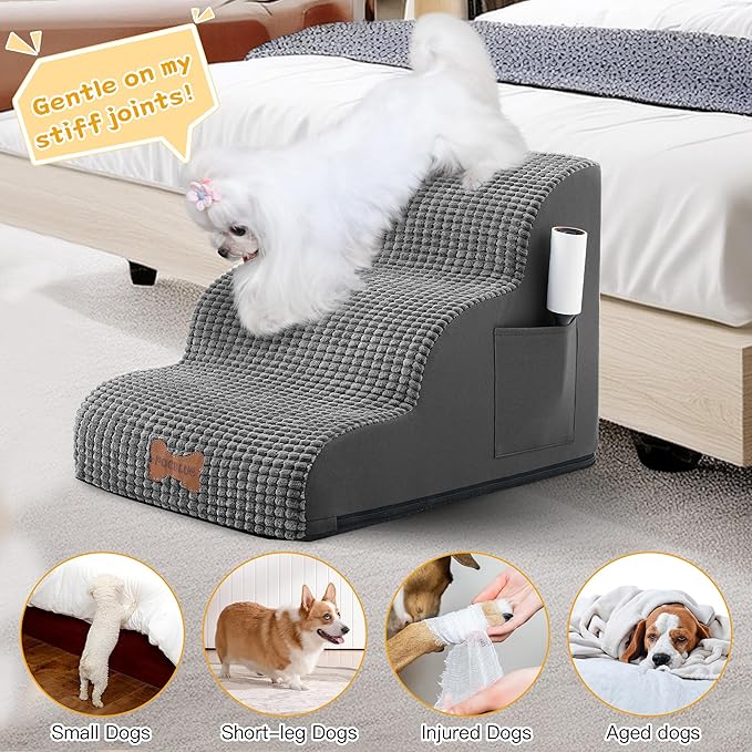 Dog Stairs for Small Dogs, Wide Pet Step with Removable Cover, No Assembly High Density Foam Cat Ramp for Bed or Sofa, 4-Step, Dark Grey
