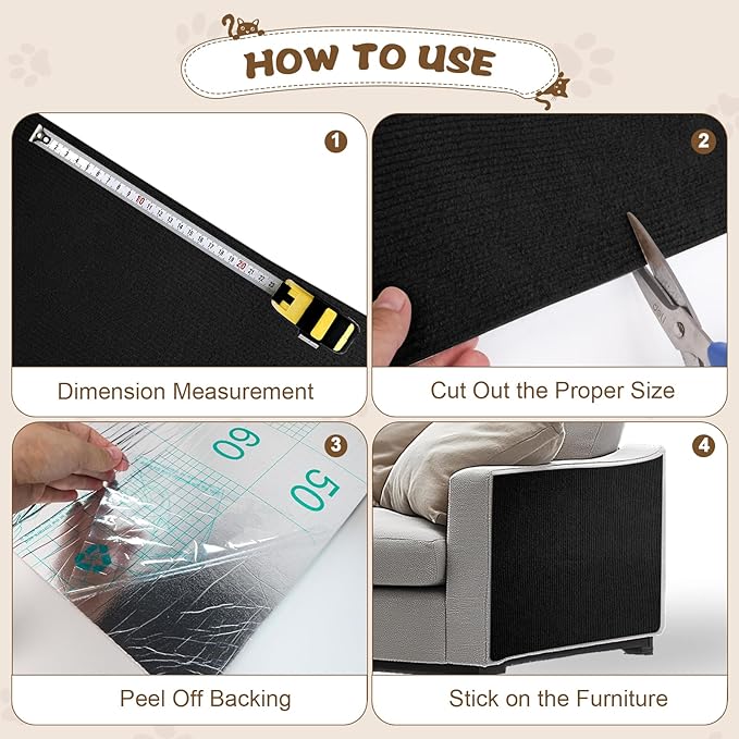 Eunice Cat Scratching Mat, Self-Adhesive Cat Scratch Carpet, Trimmable Replacement Carpet Pad for Tree Wall Cat Scratching Post DIY Couch Protector (Black, 78.7"x15.8")