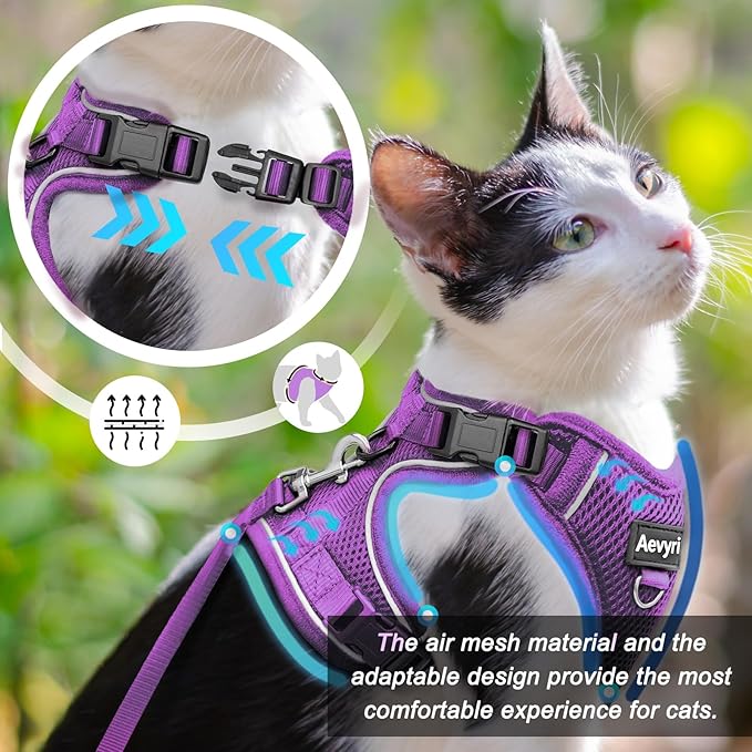 Cat Harness and Leash for Walking, The Upgrade Can be Adjusted in Four Directions and Breathable Cat Harness for Anti Escape that can be Fitted and Positioned, Reflective Strips Harness, Purple, M