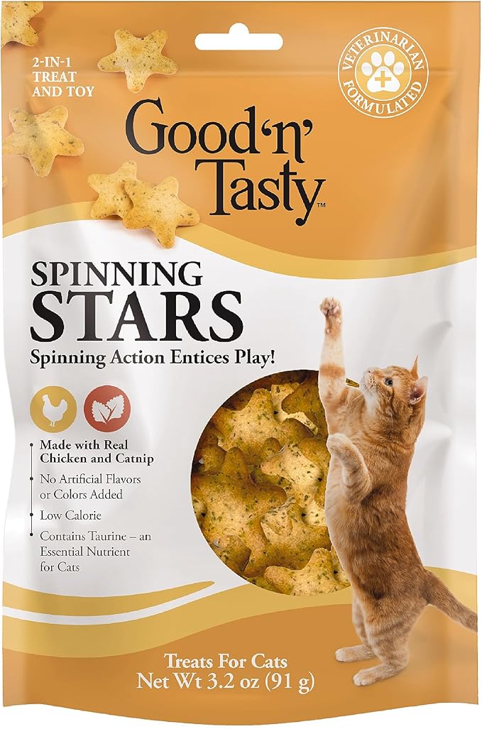 Good ‘n’ Tasty Spinning Stars Cat Treats, 3.2 Ounce Bag, 2-in-1 Treat & Toy Made with Real Chicken, Chicken Liver & Catnip, Encourages Playfulness & Low Calorie, 2 Pack