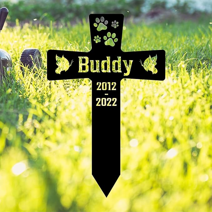 Custom Pet Paws Memorial Cross, Personalized Dog Metal Stake for Cemetery Yard, Sympathy Grave Marker with Paws, Memorial Plaque Cemetery Garden Stake