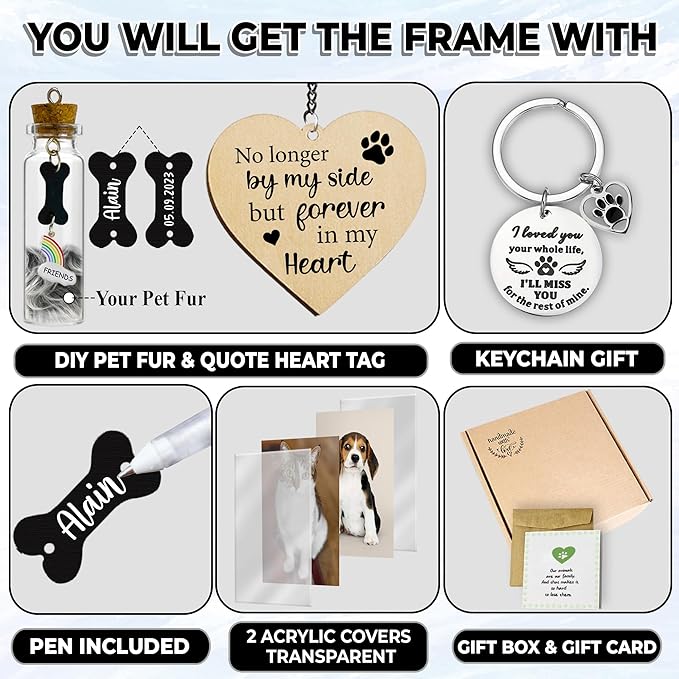 Pet Memorial Rotating 4x6 Picture Frame Wooden Gift for Dog Cat Fur Jar Rainbow Bridge Sympathy Keychain Loss Keepsake Message Card No Longer By My Side Tag In Memory Table Top Home Decor PR-6R