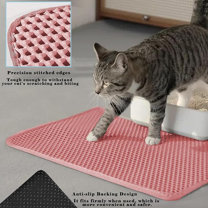 HCY&WLD Cat Litter Mat, Honeycomb Double Layer Cat Litter Trapping Mat, Waterproof Urine Proof Non-Slip, Scatter Control, Less Waste, Easier to Clean (Pink, 30" X 22")