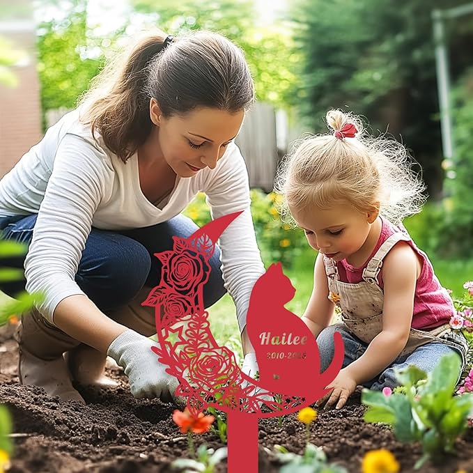 Custom Cat Memorial Grave Marker Burial Stake, Personalized Rose Flowers Moon Cat Memorial Stake Garden Yard Sign for Outdoors, Customized Metal Cats Memorial Plaque Pet Loss Sympathy Gift