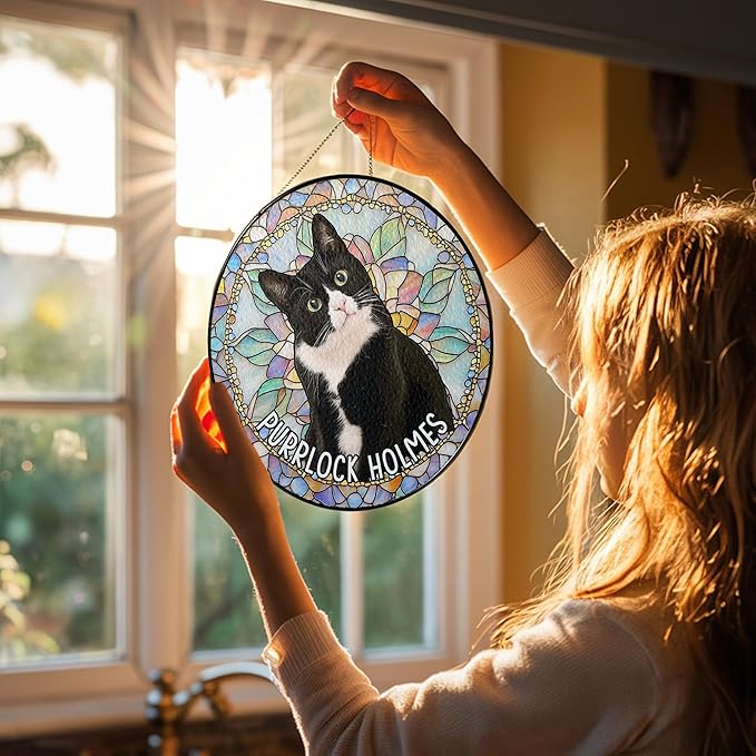 Custom Cat Portrait Art Suncatcher Stained Glass Window Hanging Remembrance Gift Indoor Decor Dog Bereavement Keepsake Loss of Pet Sympathy with Name Date Portrait