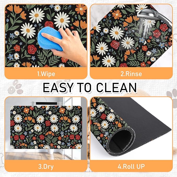 Dog Cat Food Mat - Absorbent Quick Dry Dog Bowl Mats for Food and Water, Anti Slip Cat Feeding Placemat for Floors, Diatomite Pet Dish Matts Accessories Supplies, Floral Style, 12 * 20in