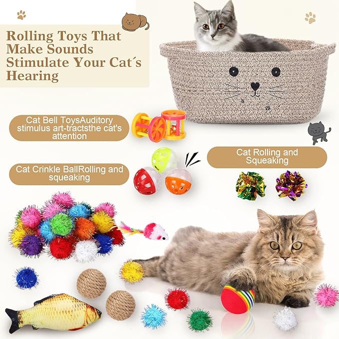 Zopeal 58 Pcs Valentine's Day Cat Storage Basket Gift Toys Set, Colorful Flashing Balls Pet Bell Crinkle Balls Spring Toys Attract Cat to Swat, Hunt, Interactive for Pet(Dark Brown,12 Inch)
