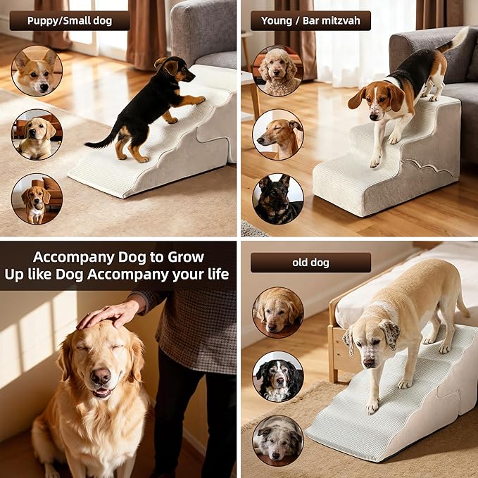 Pet Dog Stairs for Small Dogs, 2 in 1 Transformable 3-Step Pet Stairs and Wave Anti-Fall Slope for Short Legs and Long Legs Dog, for Couch (12-19 in) with Durable Non-Slip Waterproof Cover（Beige）