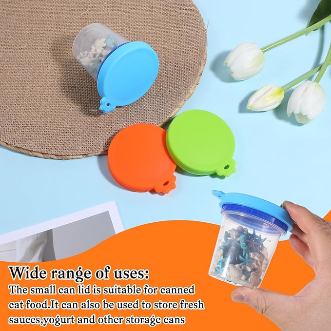 EupHHonycs 3 Pack Cat Food Lids for Cans Silicone Cat Food Can Lids Pet Foods Universal Cats Foods Cover Lid for 3 oz Cats Wet Cans Pet Storage(Blue+Green+Orange)