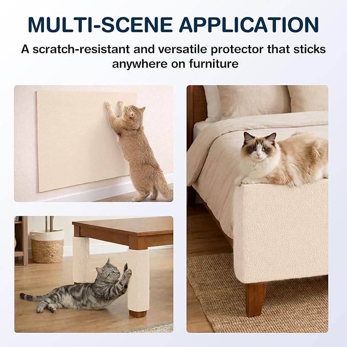 2 Pack Cat Scratcher Mat Roll for Furniture & Couch Protection | Total 157.5" x 15.8" Trimmable Self-Adhesive Carpet Cat Scratch Pad Replacement (Off White)
