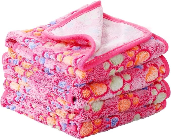 Tatuo 4 Pcs Dog Blanket for Pet Puppy Teething Toys Paw Print Fleece Blanket for Pet Cat Soft Warm Sleep Mat Guinea Pig Cage Mat(Small(24 x 16 Inch),Pink)