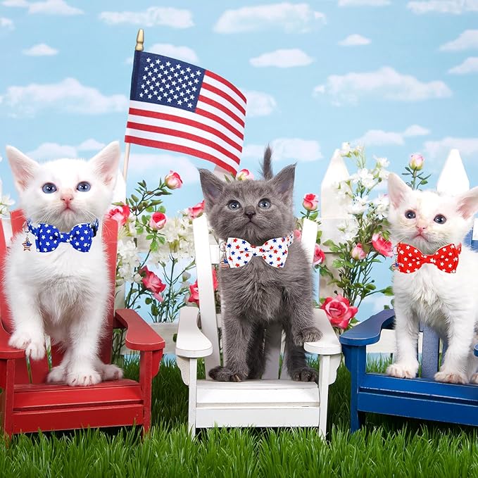 JarThenaAMCS 3Pcs Patriotic Cat Collar American Flag Star Collar with Breakaway Bell Bow Red White Blue 4th of July Adjustable Kitten Collars for 250th Anniversary Independence Day Supplies
