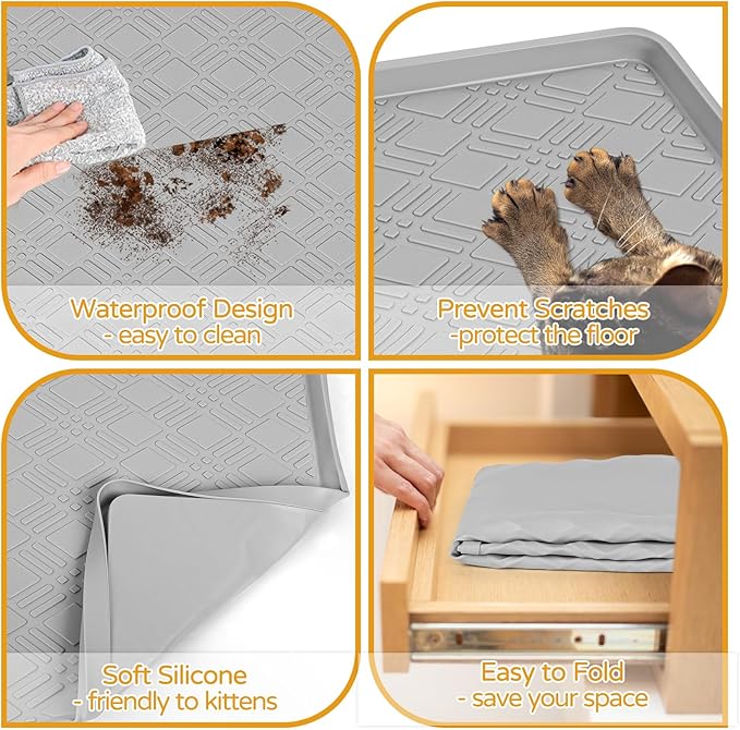 Lanstics Cat Food Mat, 42" x 29" Large Silicone Mat Cat Feeding Mat with Raised Edge Non-Slip Pet Feeding Mat for Food and Water Bowl, Easy to Clean, Floor Protection (Light Gray)