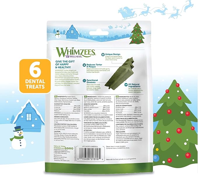 WHIMZEES Wellness Holiday Dog Dental Treats, Christmas Gift for Dogs, Size Medium Stick, (6 Count)