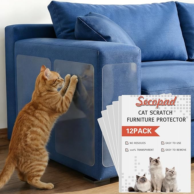 12 PCS Large Cat Scratch Furniture Protector, Transparent Couch Protector from Cat Claws, Single-Sided Self Adhesive Anti Pet Deterrent Sofa Cover, 14IN
