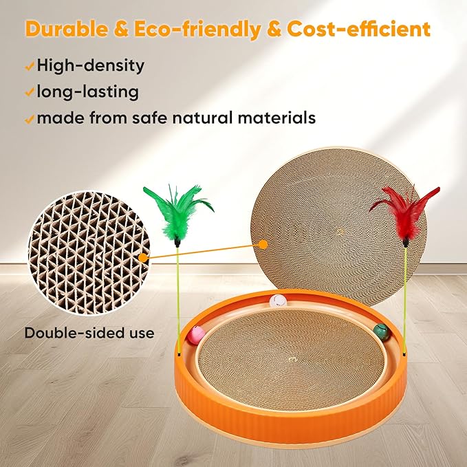 Extra-Large Round Cat Scratcher Bed with Ball Track – 3-in-1 Circular Cardboard Scratching Pad with Feather Toys – Interactive Cat Toy Round Track for Large Breeds Like Maine Coons (Orange)