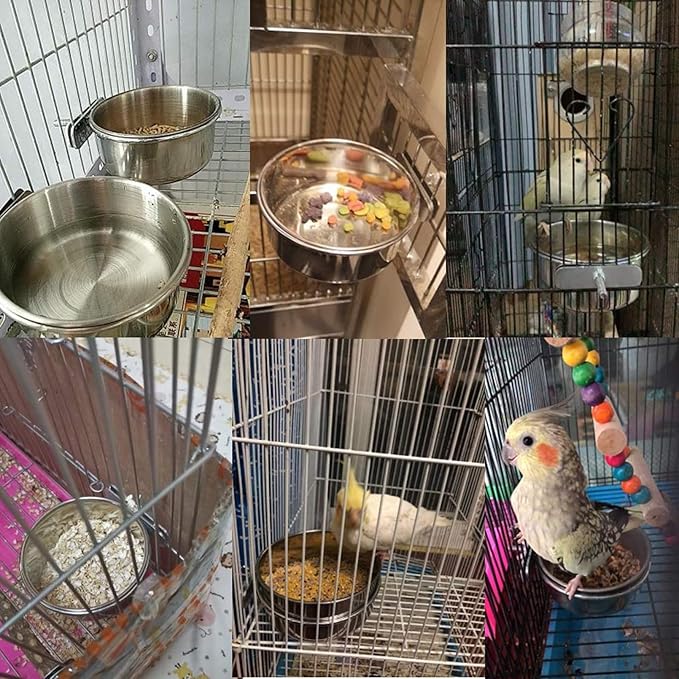 PINVNBY Stainless Steel Bowls for Birds,Parrot Feeding Dish Cups Parakeet Food Water Dishes with Clamp Holder Perches for Cockatiel Budgies Macaw Small Animal Chinchilla(5 Pack)