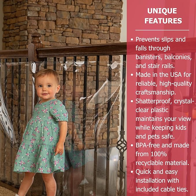 Cardinal Gates KS5 Banister Shield Protector - Clear Indoor Banister Guard for Babies - Shatterproof Plastic Banister Guard for Pets - Made in The USA - 5 Foot Roll