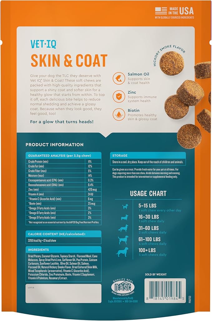 VetIQ Skin and Coat Supplement for Dogs, Helps Maintain Healthy Skin and Shiny Coat, Hickory Smoke Flavor Dog Chew, Made in The USA, 60 Count