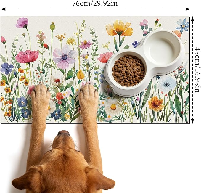 Dog Cat Food Mat - Absorbent Anti Slip Dog Bowl Mats for Food and Water, Quick Dry Cat Feeding Matts for Floors, Diatomite Pet Dish Placemat Accessories Supplies, Wildflower Style, 17 * 30in