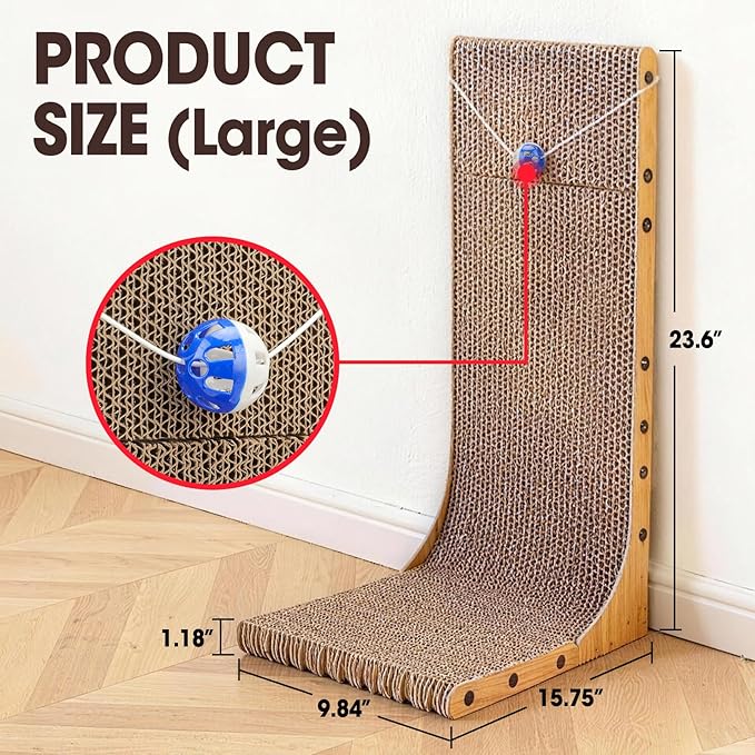 Cat Scratcher, 23.6 Inch L Shape Vertical Cat Scratching Board with Ball Toy for Indoor Cats, Large Cat Scratching Post for Wall and Couch