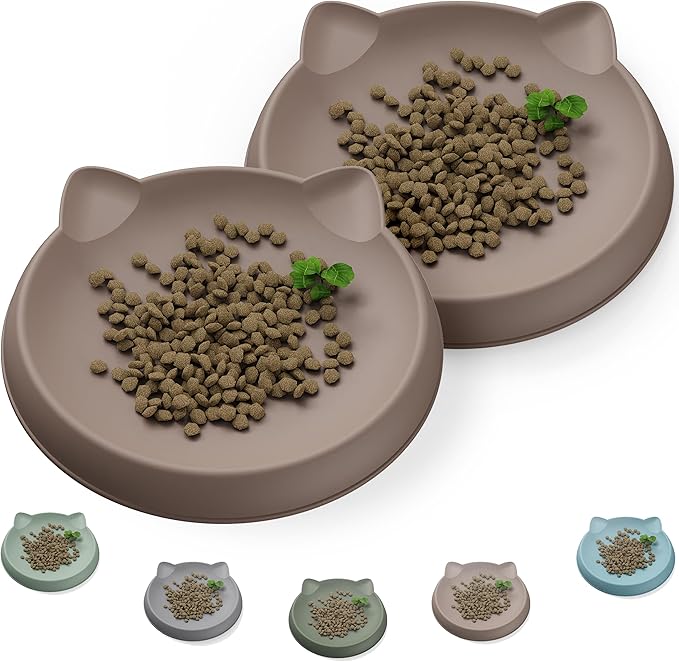 Cat Bowls for Indoor Gentle Small Kitten (2pcs, Soft Silicone) Shallow Wide Plates Feeder Whisker Fatigue Relief Cute Pet Kitty Food Water Dishes Set Anti Slip, Dishwasher Safe