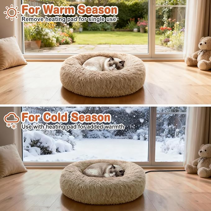 Heated Cat Beds for Indoor Cats and Small Dogs, 24'' Heated Pet Bed with Timer and Temp Adjustable, Cozy Fluffy Round Calming Pet Beds Removable Washable Cover USB Electric Warm Cat Bed- Camel