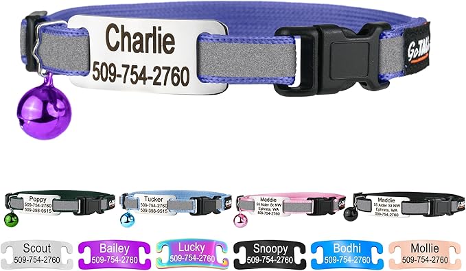 GoTags Personalized Reflective Cat Collars with Tag, Engraved Custom with Name and Phone, Breakaway Collar with Safety Buckle and Bell, Adjustable for Cats and Kitten, (Lavender with Nameplate)
