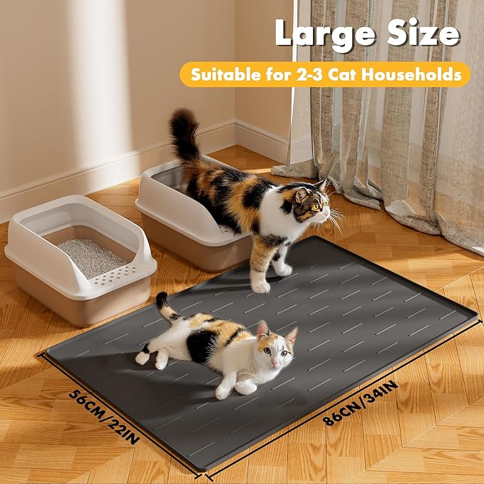 Pieviev Silicone Cat Litter Trapping Mat, 34''x22'' Large Cat Litter Mat, Easy to Clean & Soft on Kitty Paws, Waterproof Kitty Litter Pads for Indoor Cats, Dark Grey