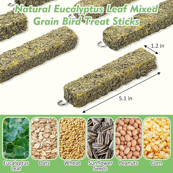 Fhiny 3 PCS Parakeet Treats, Natural Cockatiel Food Eucalyptus Leaves Mixed Grains Parrot Snack Sticks Bird Treats for Budgerigars Lovebirds Canaries Conurus Finches